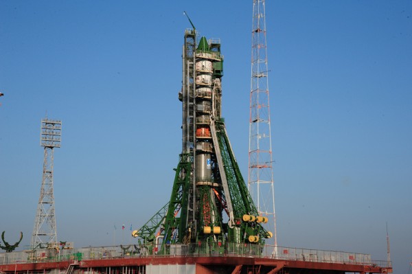 The Progress 65 spacecraft is pictured at its launch pad at the Baikonur Cosmodrome in Kazakhstan. (RSC Energia/NASA)