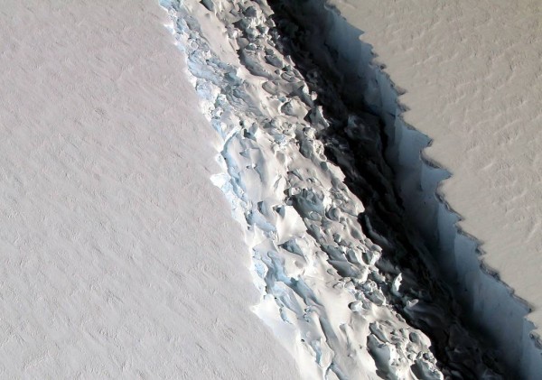 On Nov. 10, 2016, scientists on NASA's IceBridge mission photographed an oblique view of a massive rift in the Antarctic Peninsula's Larsen C ice shelf. (NASA/John Sonntag)