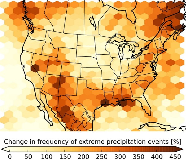 The figure shows the expected increase in the number of summertime storms that produce extreme precipitation at century's end compared to the period 2000 - 2013. (Andreas Prein, NCAR)