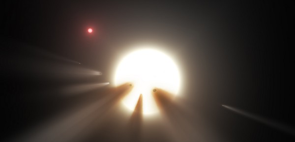 This illustration shows a star behind a shattered comet.