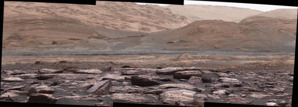The foreground of this scene from the Mastcam on NASA's Curiosity Mars rover shows purple-hued rocks near the rover's late-2016 location. (NASA/JPL-Caltech/MSSS)