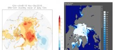 a) Map of November-December temperature anomalies (ECMWF analysis & forecast up to Dec 25 compared to ERA-Interim, 1981-2010 climatology), b) December 18 sea ice concentrations. (NOAA/NSIDC)