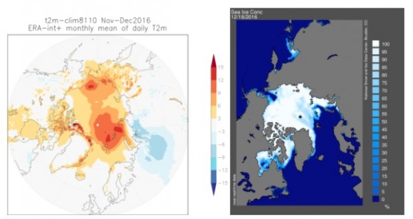 a) Map of November-December temperature anomalies (ECMWF analysis & forecast up to Dec 25 compared to ERA-Interim, 1981-2010 climatology), b) December 18 sea ice concentrations. (NOAA/NSIDC)