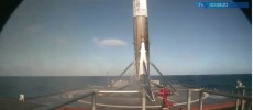 Space X's Falcon 9 rocket after the first stage of its successful landing on the “Just Read the Instructions” drone ship. (SpaceX)