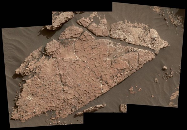 The network of cracks in this Martian rock slab called "Old Soaker" may have formed from the drying of a mud layer more than 3 billion years ago.  (NASA/JPL-Caltech/MSSS)