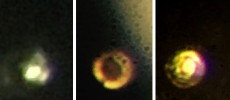 Microscopic images of the stages in the creation of atomic molecular hydrogen: Transparent molecular hydrogen (left) at about 200 GPa, which is converted into black molecular hydrogen, and finally reflective atomic metallic hydrogen at 495 GPa.