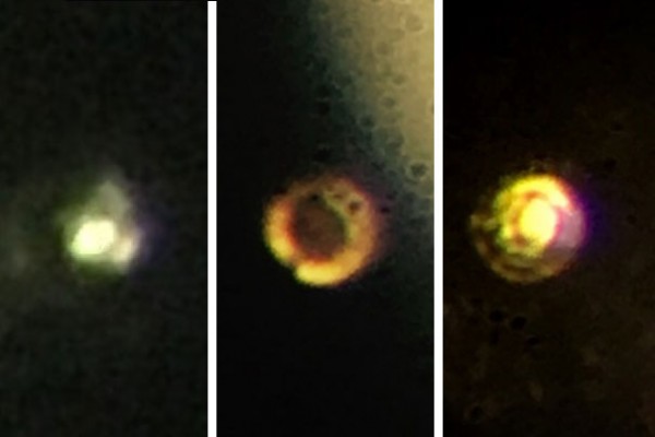 Microscopic images of the stages in the creation of atomic molecular hydrogen: Transparent molecular hydrogen (left) at about 200 GPa, which is converted into black molecular hydrogen, and finally reflective atomic metallic hydrogen at 495 GPa.