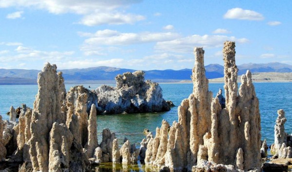 Mono Lake, California, with salt pillars known as "tufas" visible. JPL scientists tested new methods for detecting chemical signatures of life in the salty waters here. (Mono County Tourism/NASA)
