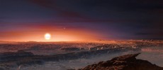 This artist’s impression shows a view of the surface of the planet Proxima b orbiting the red dwarf star Proxima Centauri, the closest star to the solar system. 