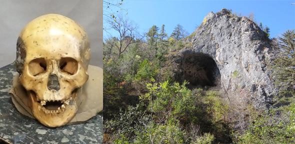 Exterior of Devil’s Gate. Left: One of the skulls found in the Devil’s Gate cave. (Elizaveta Veselovskaya/Yuriy Chernyavskiy/University of Cambridge)