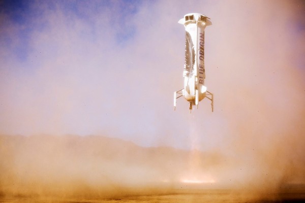 Blue Origin’s New Shepard booster executes a controlled vertical landing at 4.2 mph.