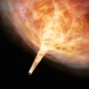 Artist’s impression of a stray black hole storming through a dense gas cloud. The gas is dragged along by the strong gravity of the black hole to form a narrow gas stream. (Keio University)