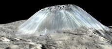 Ahuna Mons seen in a simulated perspective view. The elevation has been exaggerated by a factor of two. The view was made using enhanced-color images from NASA’s Dawn mission. (NASA)