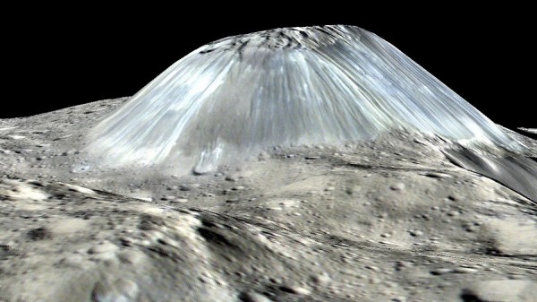 Ahuna Mons seen in a simulated perspective view. The elevation has been exaggerated by a factor of two. The view was made using enhanced-color images from NASA’s Dawn mission. (NASA)