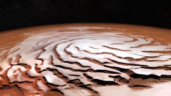 Perspective view of the Mars north polar ice cap and its distinctive dark troughs forming a spiral-like pattern. (ESA/DLR/FU Berlin; NASA MGS MOLA Science Team)
