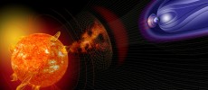 The artist’s illustration shows how events on the sun change the conditions in near-Earth space. A Goddard scientist is investigating if solar storms are linked to animal strandings that occur worldwide.