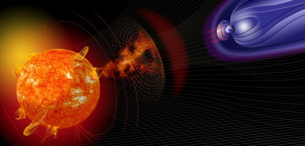 The artist’s illustration shows how events on the sun change the conditions in near-Earth space. A Goddard scientist is investigating if solar storms are linked to animal strandings that occur worldwide.