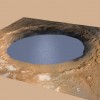 This illustration depicts a lake of water partially filling Mars' Gale Crater, receiving runoff from snow melting on the crater's northern rim. (NASA/JPL-Caltech/ESA/DLR/FU Berlin/MSSS)