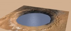 This illustration depicts a lake of water partially filling Mars' Gale Crater, receiving runoff from snow melting on the crater's northern rim. (NASA/JPL-Caltech/ESA/DLR/FU Berlin/MSSS)