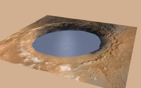 This illustration depicts a lake of water partially filling Mars' Gale Crater, receiving runoff from snow melting on the crater's northern rim. (NASA/JPL-Caltech/ESA/DLR/FU Berlin/MSSS)