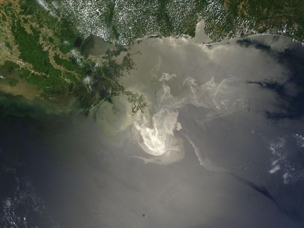 Sunlight illuminated the lingering oil slick off the Mississippi Delta from the Deepwater Horizon oil spill on May 24, 2010. 