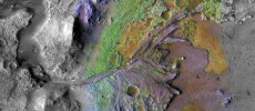 Here is the Jezero Crater delta, where sediments contain clays and carbonates. (NASA/JPL-CALTECH/MSSS/JHU-APL)