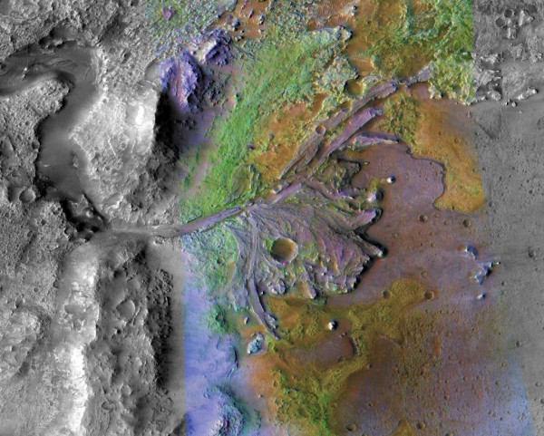 Here is the Jezero Crater delta, where sediments contain clays and carbonates. (NASA/JPL-CALTECH/MSSS/JHU-APL)