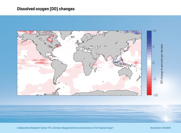Changes of dissolved oxygen in the global ocean in percent