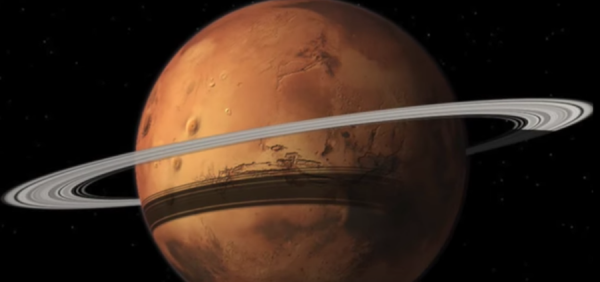 An artist's illustration of Mars with rings.