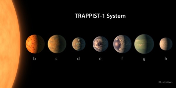 This artist's concept shows what each of the TRAPPIST-1 planets may look like, based on available data about their sizes, masses and orbital distances. (NASA/JPL-Caltech)