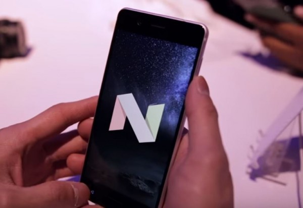 A Nokia Android smartphone is displaying the latest Android Nougat logo. 