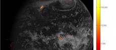 This image shows lightning data captured on February 14, 2017 over the course of an hour and displayed over an image of the Western Hemisphere from the Advanced Baseline Imager on GOES-16. (NOAA/NASA)