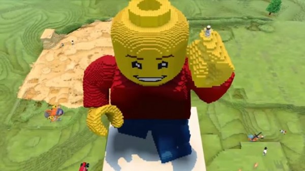 A Lego statue is seen in the 'Lego Worlds' environment. (YouTube)
