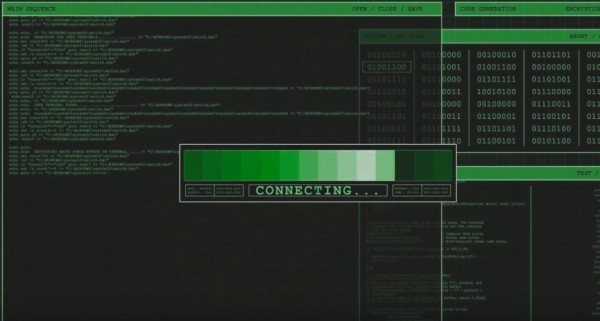 Computer interfaces is displayed simulating a hacking activity. 