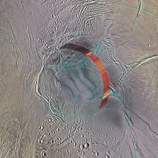 Tiger stripes on the south pole of Enceladus. The region studied is indicated by the coloured band.