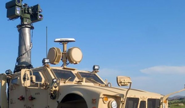 U.S. Army anti-aerial drone radar system mounted on an MRAP..                