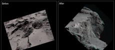 Anaglyph images of the Aswan cliff showing the overhang before (left) and after (right) it collapsed.