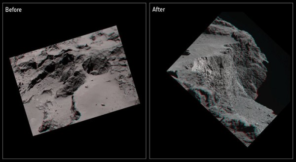 Anaglyph images of the Aswan cliff showing the overhang before (left) and after (right) it collapsed.