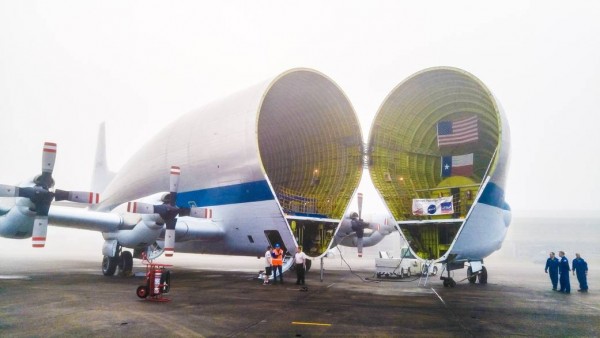 NASA's Super Guppy aircraft readies to transport the Orion spacecraft pressure vessel.