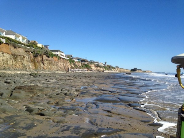 Bedrock exposed at low tide along the beach at Isla Vista, California