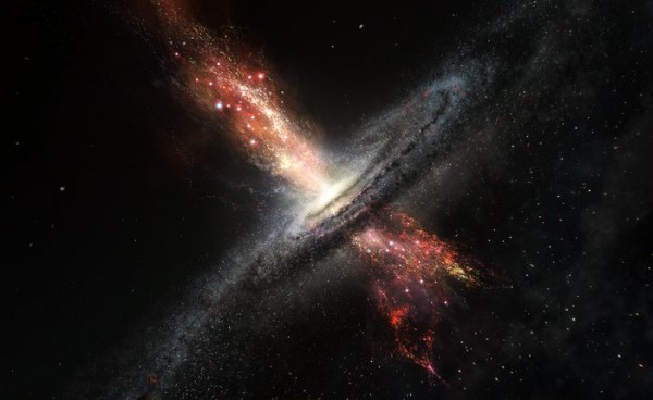 Artist’s impression of a galaxy forming stars within powerful outflows of material blasted out from supermassive black holes at its core.