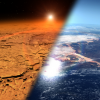 This artist's concept depicts the early Martian environment (right) - believed to contain liquid water and a thicker atmosphere - versus the cold, dry environment seen at Mars today (left). 