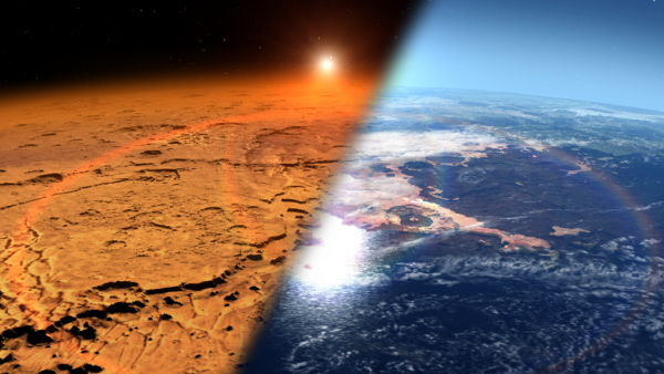 This artist's concept depicts the early Martian environment (right) - believed to contain liquid water and a thicker atmosphere - versus the cold, dry environment seen at Mars today (left). 