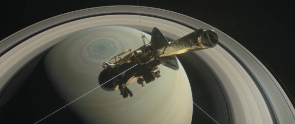 This illustration shows NASA’s Cassini spacecraft above Saturn's northern hemisphere prior to one of its 22 grand finale dives. (NASA/JPL-Caltech)