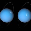This is a composite image of Uranus by Voyager 2 and two different observations made by Hubble — one for the ring and one for the auroras.