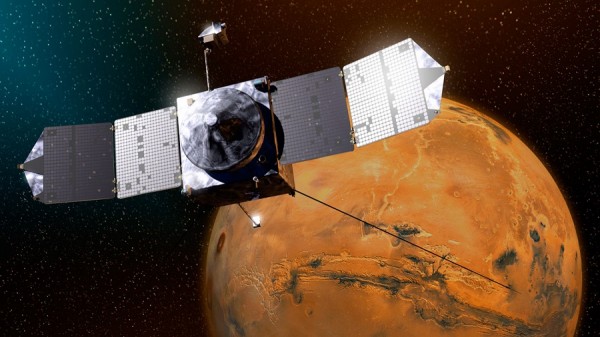 An artist concept of the MAVEN spacecraft and the limb of Mars. (NASA's Goddard Space Flight Center)