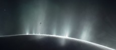 This illustration shows Cassini diving through the Enceladus plume in 2015. (NASA/JPL-Caltech)