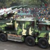 Camouflaged launcher for the Akash medium-range surface-to-air missile of the Indian Army.             
