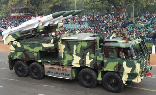 Camouflaged launcher for the Akash medium-range surface-to-air missile of the Indian Army.             