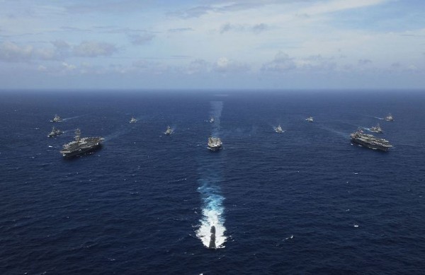 Warships of the United States, India, Japan, Australia and Singapore in the Bay of Bengal during Exercise Malabar.            